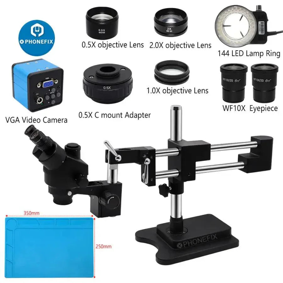 PHONEFIX 3.5X-90X black double boom stand zoom trinocular stereo microscope for detailed viewing of specimens.