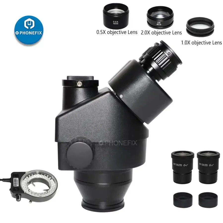 PhoneFix electric stereo microscope with black double boom stand, 3.5X-90X zoom, trinocular design for detailed viewing.