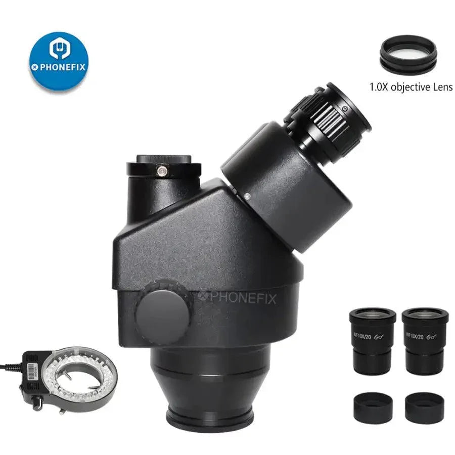 PhoneFIX 3.5X-90X black double boom stand zoom trinocular stereo microscope, electric microscope for detailed viewing.