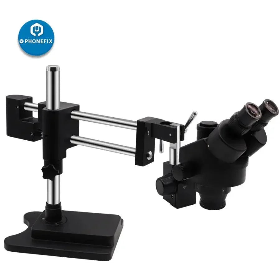 Black double boom stand zoom trinocular stereo microscope by PHONEFIX, featuring 3.5X to 90X magnification for detailed viewing.