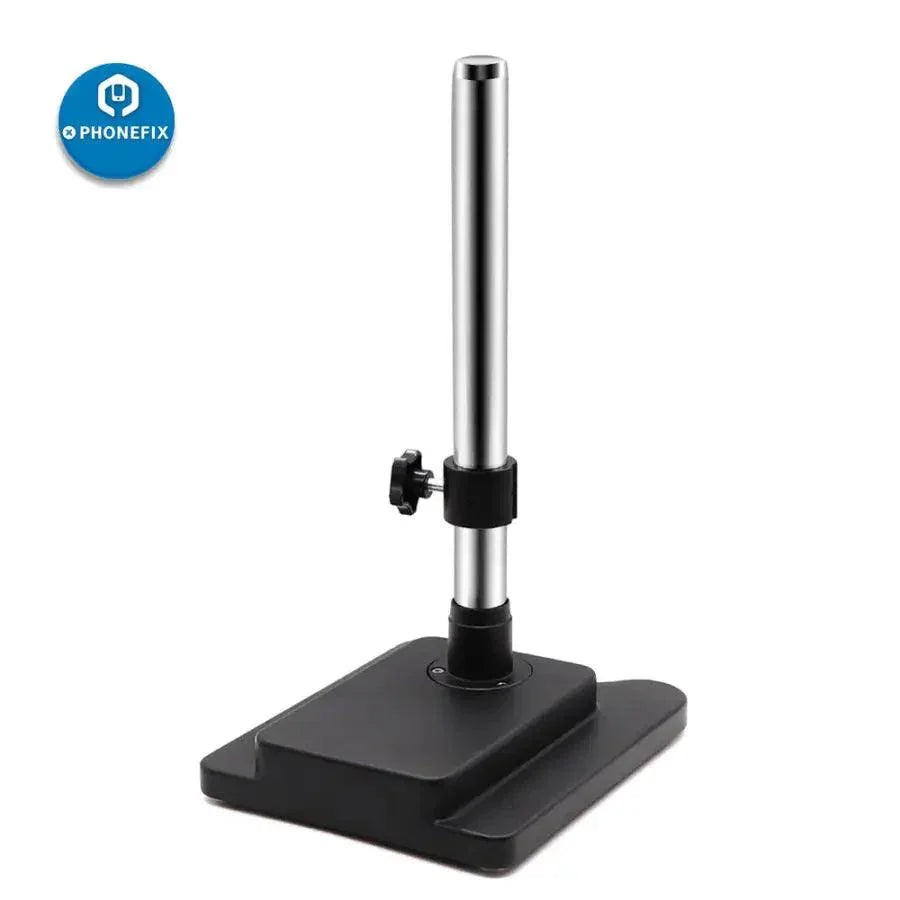 Black double boom stand for PHONEFIX 3.5X-90X zoom trinocular stereo microscope with electric features and sturdy construction.