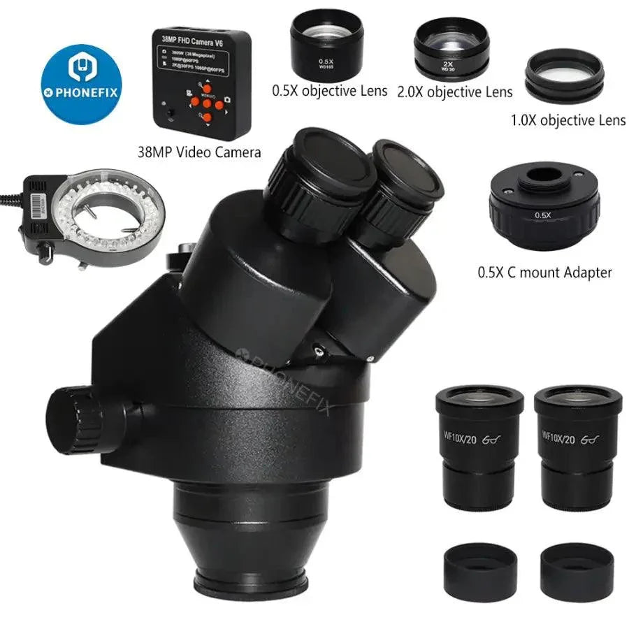 Black double boom stand zoom trinocular stereo microscope by PHONEFIX, showing the electric microscope with adjustable magnification from 3.5X to 90X.