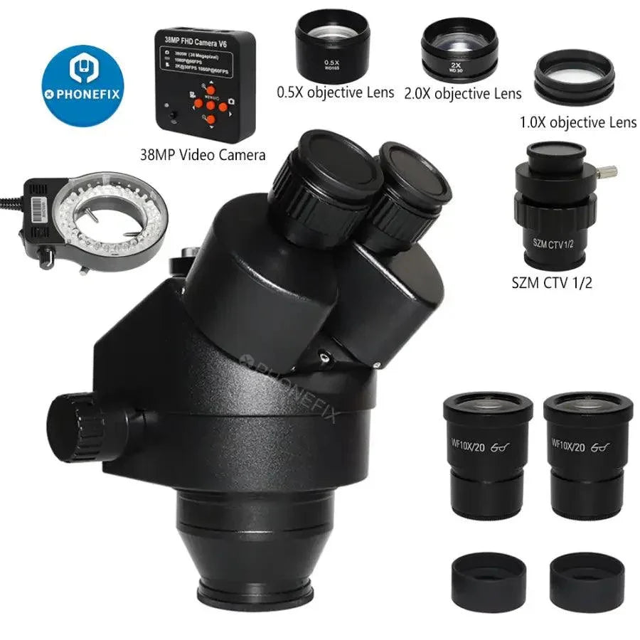 PhoneFix 3.5X-90X black double boom stand zoom trinocular stereo microscope for detailed electronic inspections.