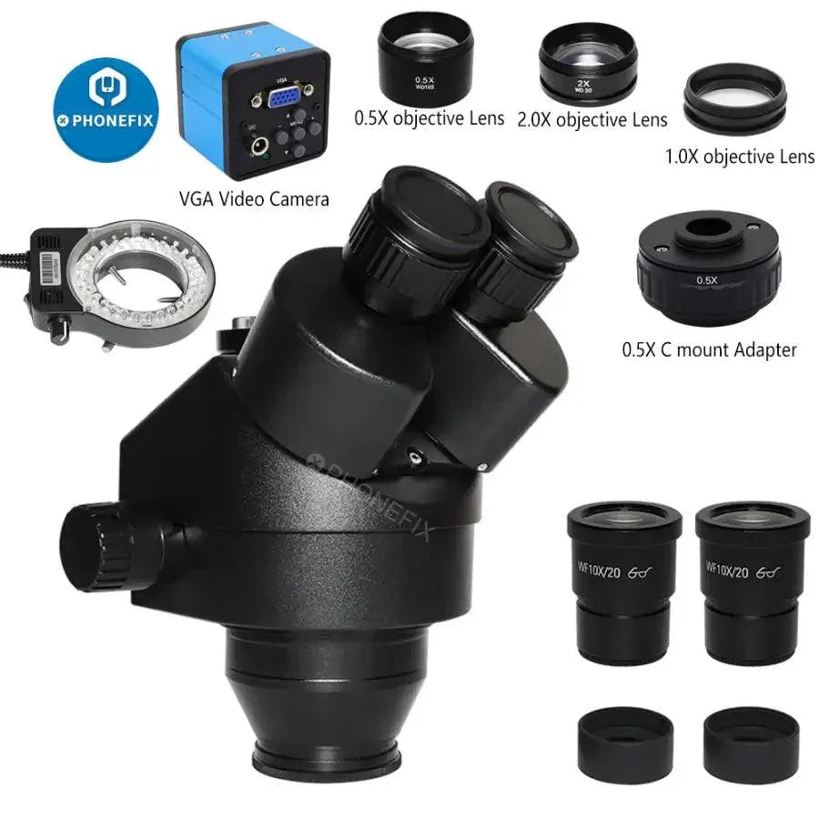 Black double boom stand zoom trinocular stereo microscope with 3.5X-90X magnification by PHONEFIX, designed for detailed electric microscopy.
