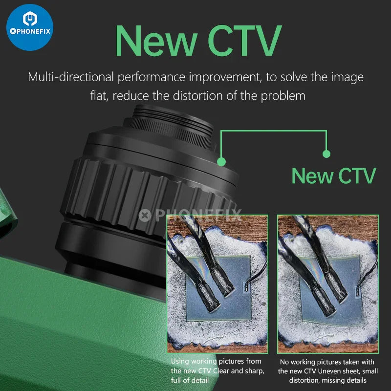 PHONEFIX 6.5-58X trinocular stereo microscope with HD 4K camera and CTV lens, showing the microscope's eyepieces and camera setup.