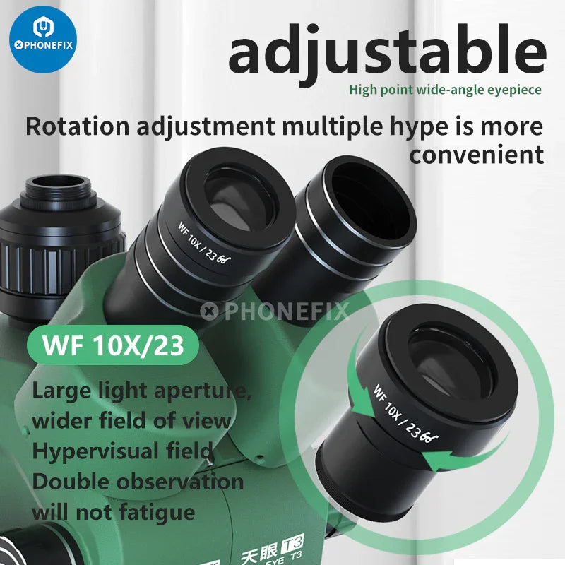 Phonefix 6.5-58X trinocular stereo microscope with HD 4K camera and CTV lens, featuring adjustable eyepieces and built-in lighting.