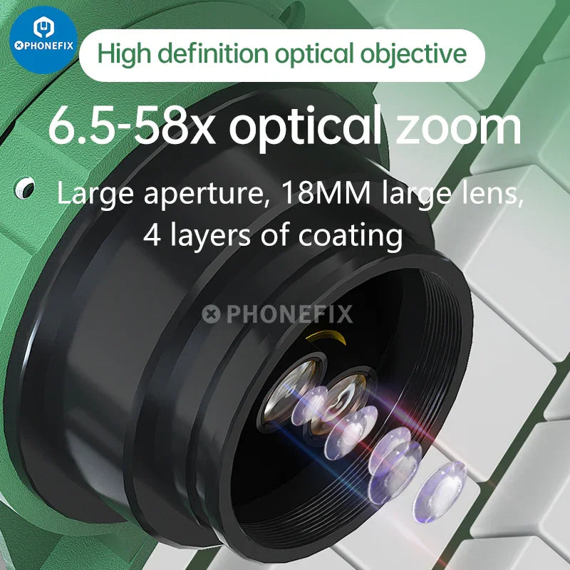 PHONEFIX 6.5-58X trinocular stereo microscope with HD 4K camera and CTV lens, showing the microscope's eyepieces and camera setup.