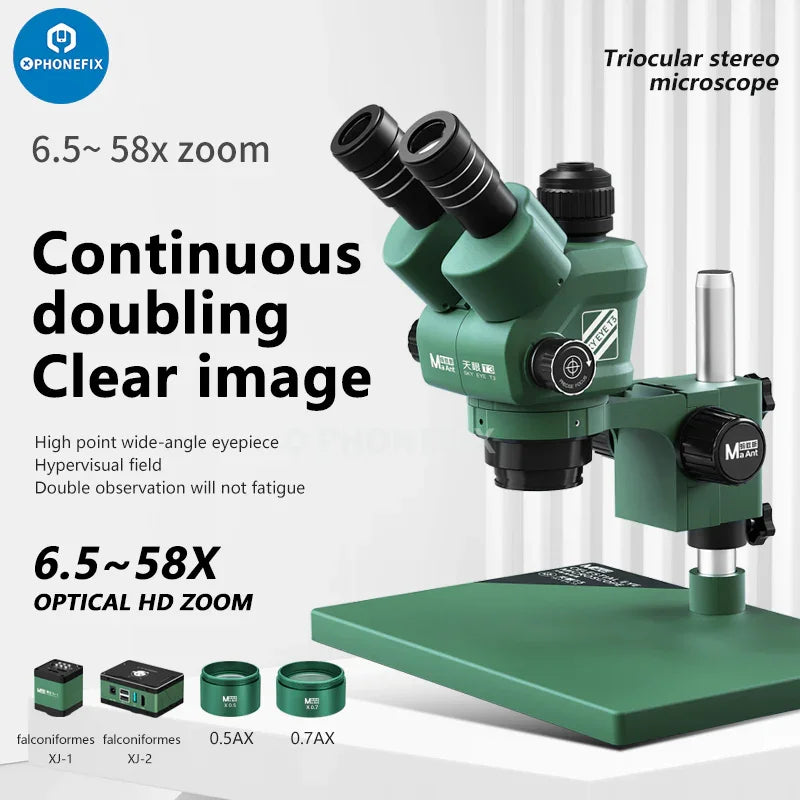 PhoneFix 6.5-58X Trinocular Stereo Microscope with HD 4K camera and CTV lens, featuring electric illumination and ergonomic design.