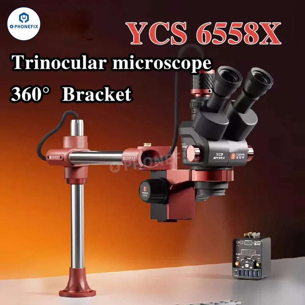 PhoneFix YCS 6558X electric microscope for mobile repair, showing close-up view of the optical lens and adjustable focus.