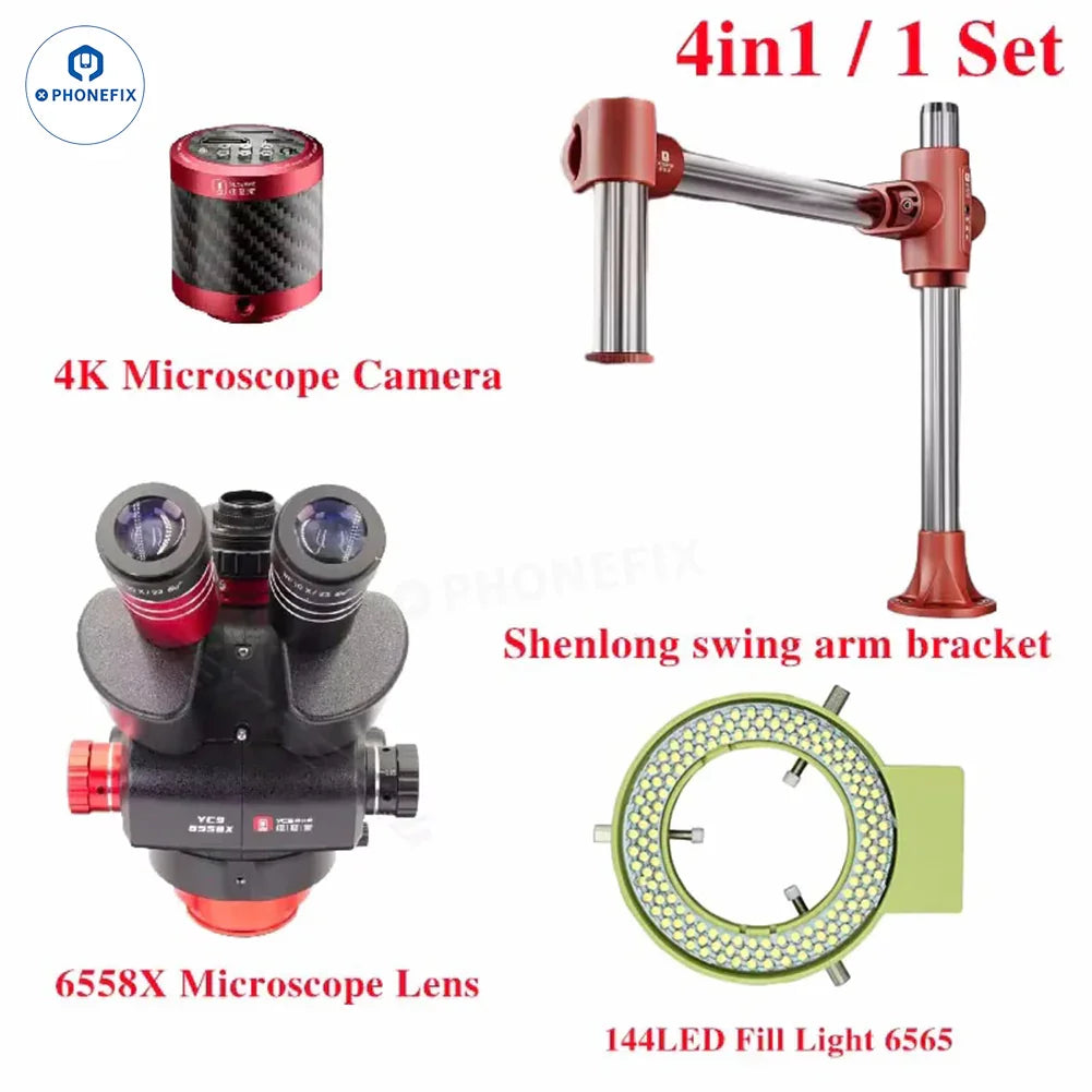 PHONEFIX YCS 6558X electric microscope for mobile repairing, featuring 4-in-1 design with adjustable focus and bright LED lighting.