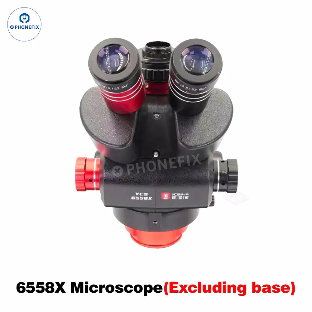 PHONEFIX YCS 6558X electric microscope with adjustable stand for mobile repairing, featuring a compact design and detailed viewing lens.