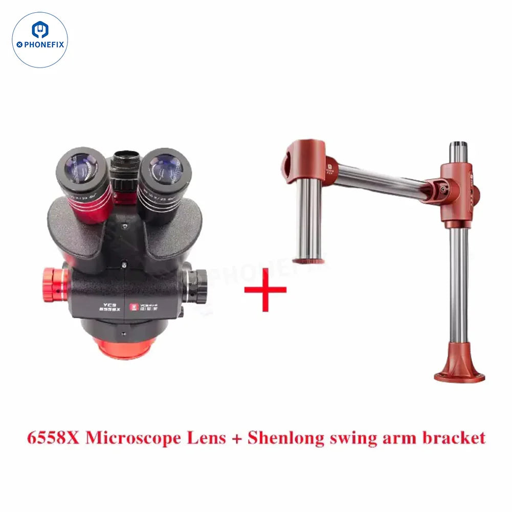 PHONEFIX YCS 6558X electric microscope with swingarm stand for mobile repair, compact design ideal for precision electronics work.