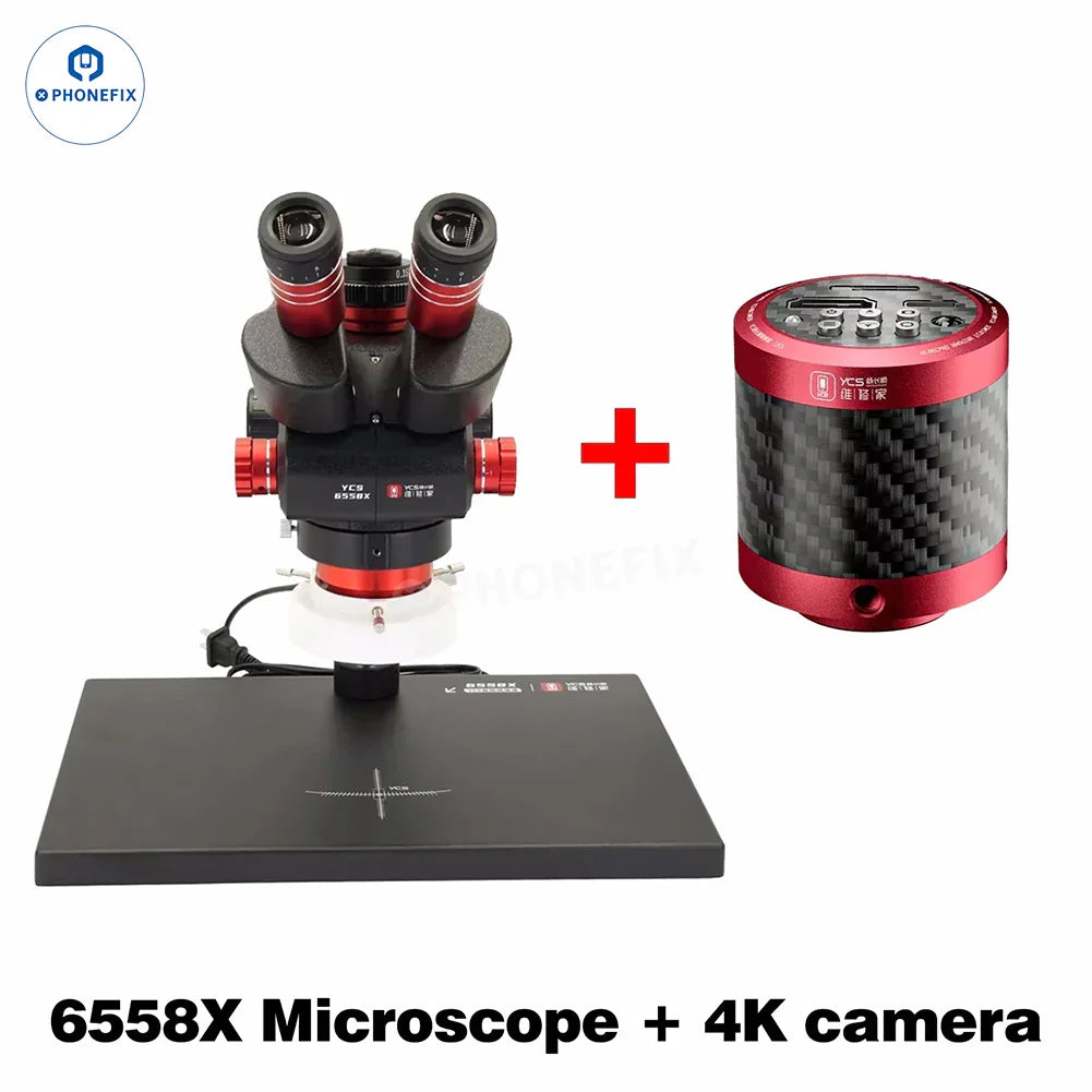 PHONEFIX YCS 6558X electric microscope with 4K camera for mobile repair inspection, featuring adjustable focus and compact design.