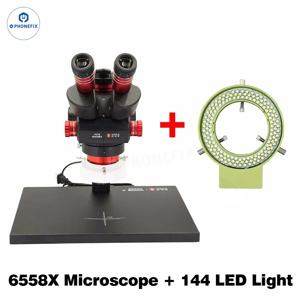 PHONEFIX YCS 6558X electric microscope with 144 LED lights, used for mobile repairing and detailed electronic inspections.