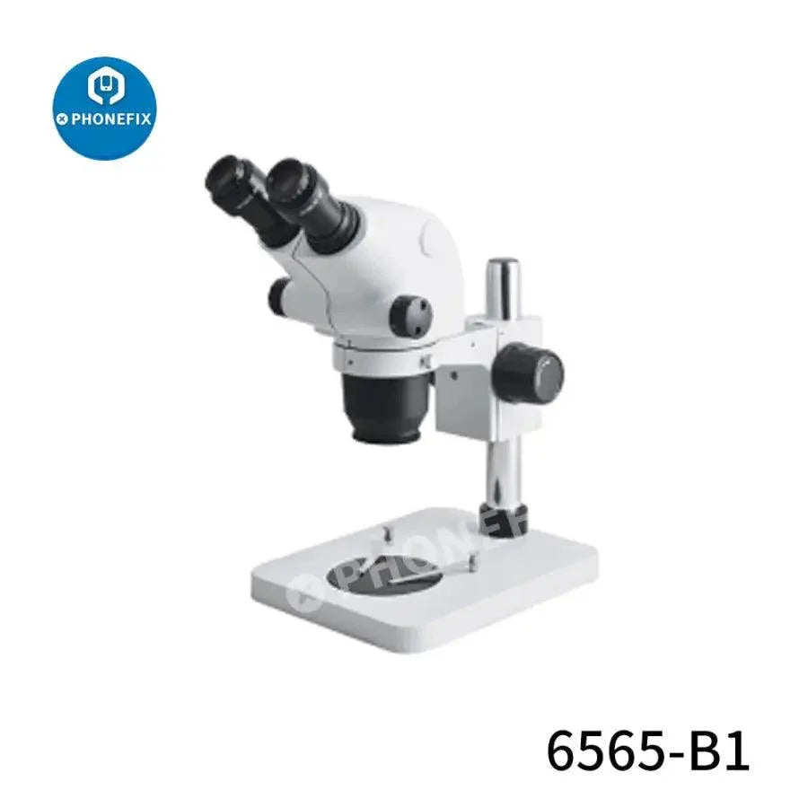 PhoneFix 6.5X-65X binocular stereo microscope for circuit board soldering and repair, featuring adjustable zoom and built-in lighting.