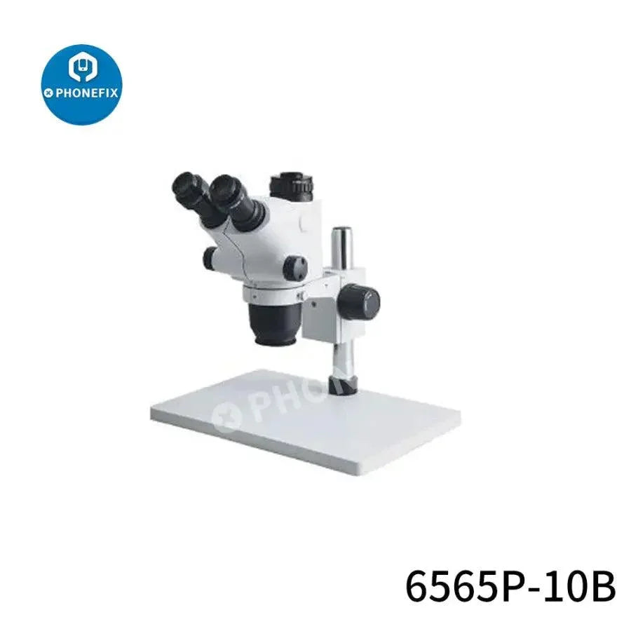 Electric trinocular stereo zoom microscope with 6.5X-65X magnification for PCB soldering and repair, by PHONEFIX.
