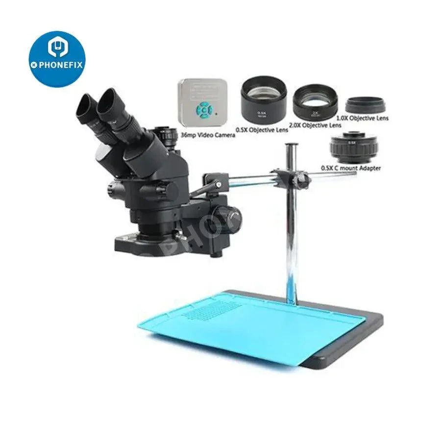 Electric trinocular stereo zoom microscope with 36MP video camera, 3.5x-90x magnification, from PHONEFIX, showing detailed components.