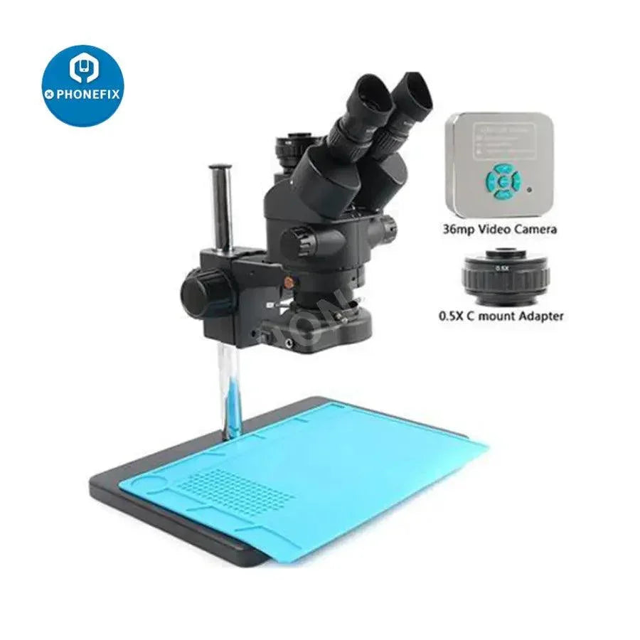 PHONEFIX trinocular stereo zoom microscope with 36MP video camera, featuring 3.5X-90X magnification for detailed viewing.