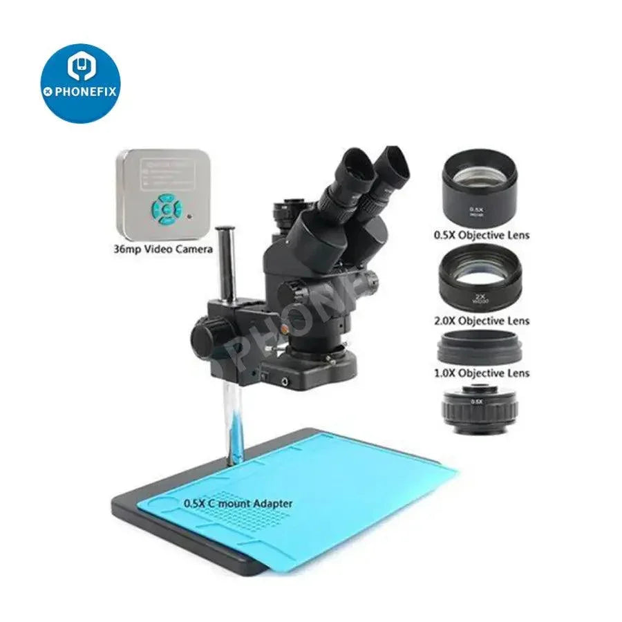 Phonefix electric trinocular stereo zoom microscope with 36MP video camera, 3.5x to 90x magnification, for detailed inspection.