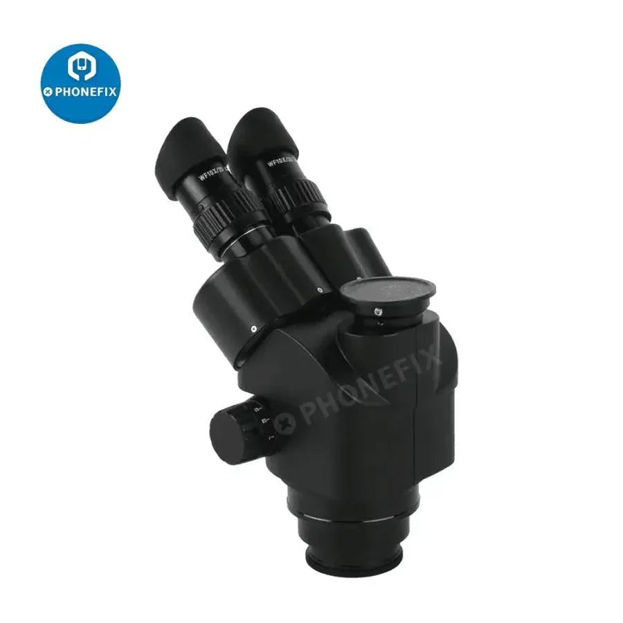 PHONEFIX electric trinocular stereo zoom microscope with 36MP video camera and 3.5x to 90x magnification, used for detailed inspection.