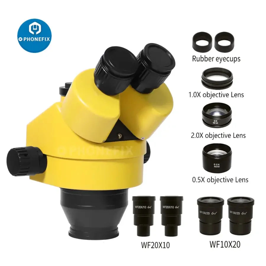 Phonefix 3.5X-90X trinocular zoom stereo microscope head with 2.0X and 0.5X objective lenses for detailed magnification.