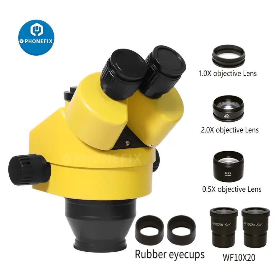 Phonefix 3.5X-90X trinocular zoom stereo microscope head with 2.0X and 0.5X objective lenses for detailed magnified viewing.