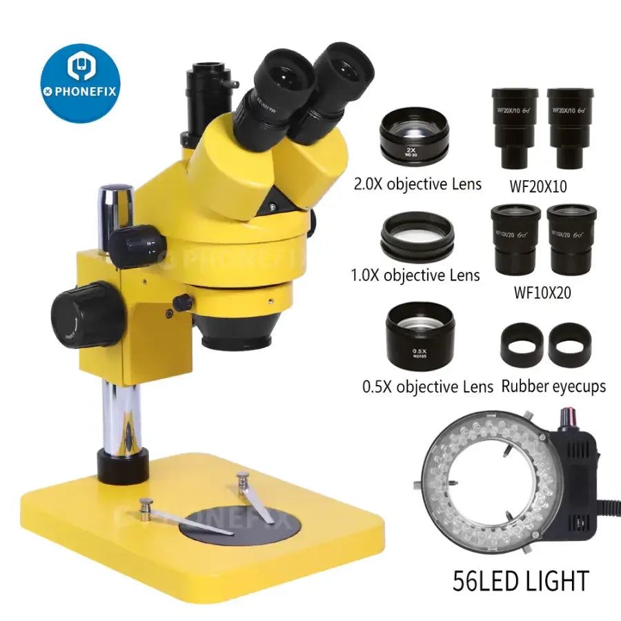 Phonefix 7-45X trinocular stereo microscope with 3.5X-180X zoom, WF10X and WF20X eyepieces, used for detailed microscopic inspection.