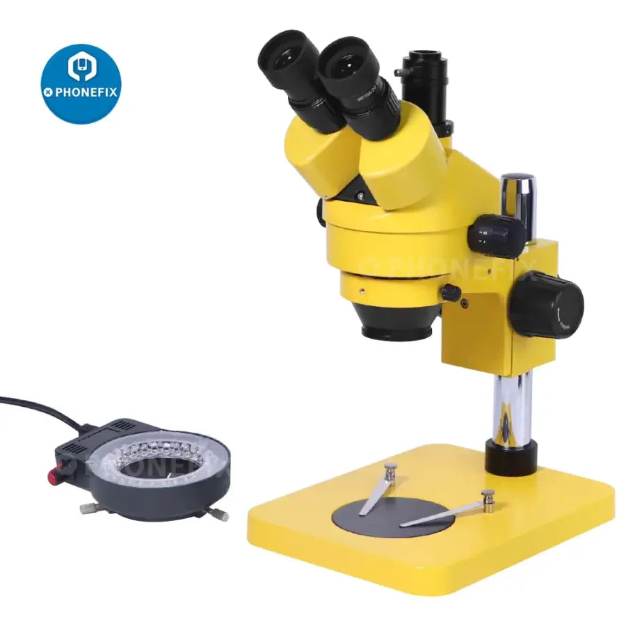 Phonefix electric trinocular stereo microscope with 7-45X zoom, 3.5X-180X magnification, WF10X and WF20X eyepieces.