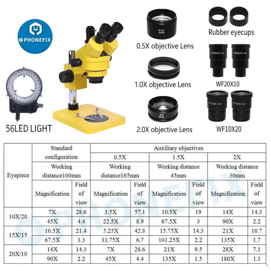 PHONEFIX 7-45X trinocular stereo microscope with 3.5X-180X magnification and WF10X, WF20X eyepieces for detailed viewing.