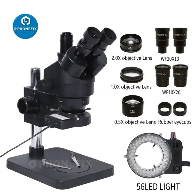 PHONEFIX 3.5X-180X stereo zoom trinocular microscope for PCB inspection, displaying the detailed optical head and adjustable zoom lenses.