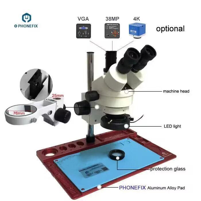 PHONEFIX 3.5X-90X trinocular electric microscope with aluminum alloy soldering pad for detailed viewing and electronic soldering.
