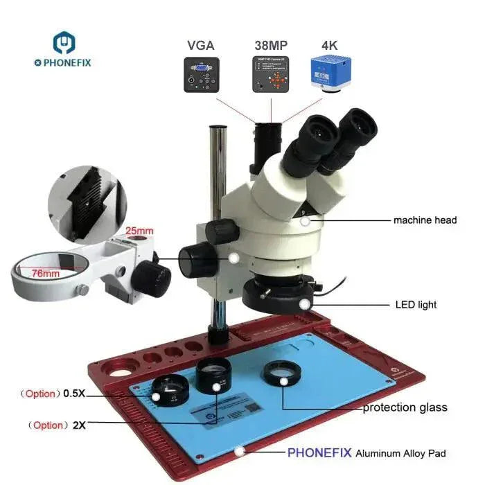 PHONEFIX 3.5X-90X trinocular electric microscope with aluminum alloy soldering pad for detailed micro observations.