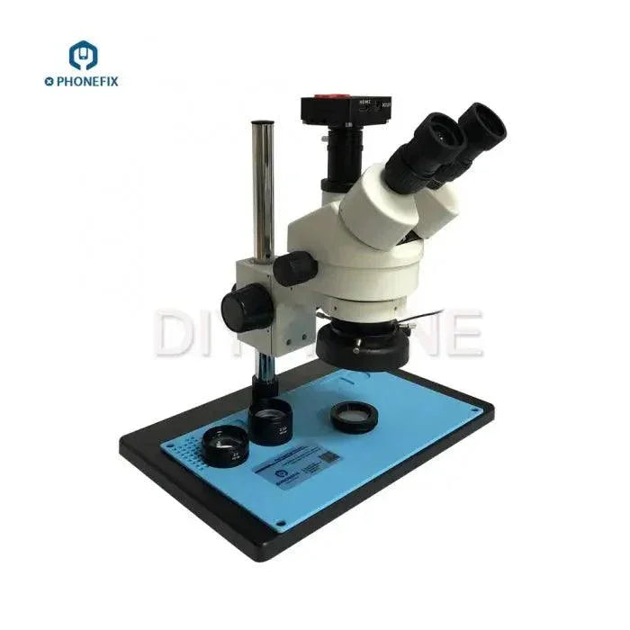 PHONEFIX 3.5X-90X trinocular microscope with aluminum alloy soldering pad, electric microscope for detailed inspection and soldering tasks.