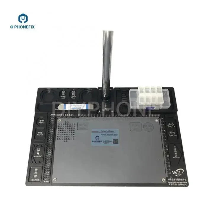 PhoneFix 3.5X-90X trinocular electric microscope with aluminum alloy soldering pad, ideal for detailed inspection and soldering tasks.