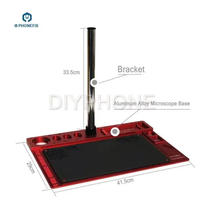PHONEFIX 3.5X-90X trinocular electric microscope with aluminum alloy soldering pad for detailed electronic inspection.