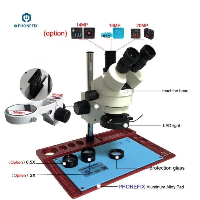 PHONEFIX 3.5X-90X trinocular electric microscope with aluminum alloy soldering pad, ideal for detailed electronic component inspection.