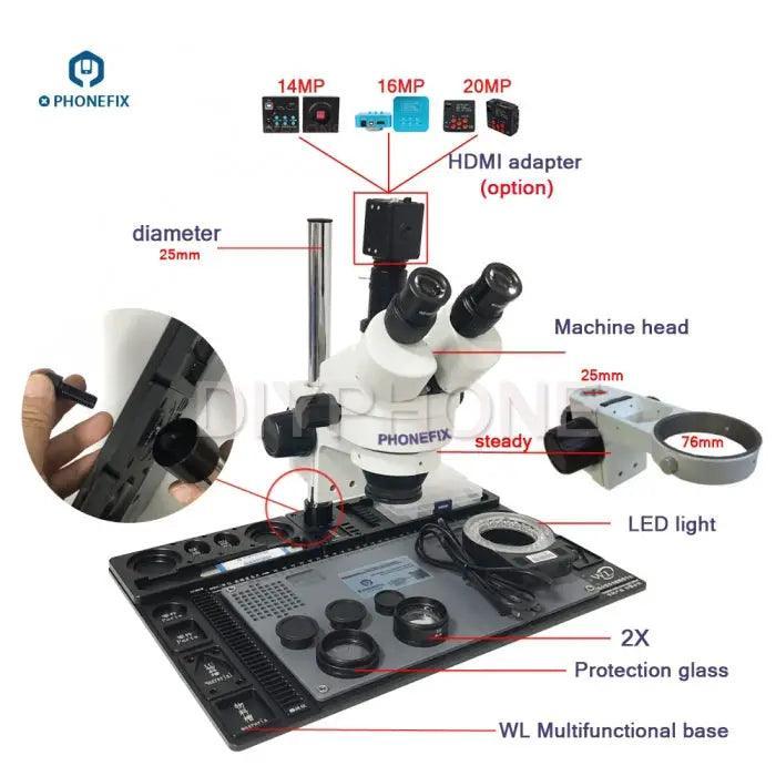 PhoneFix 3.5x-90x trinocular electric microscope with aluminum alloy soldering pad for detailed electronic inspection.