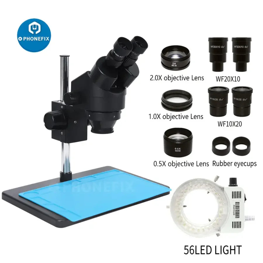 PHONEFIX 3.5X-90X Binocular Stereo Microscope with 56 adjustable LED light, ideal for detailed magnification and observation.