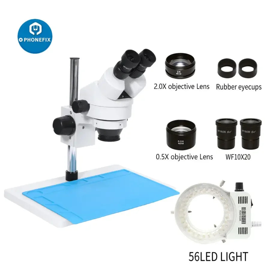 PhoneFix 3.5X-90X Binocular Stereo Microscope with 56 adjustable LED lights for detailed viewing and precision inspection.