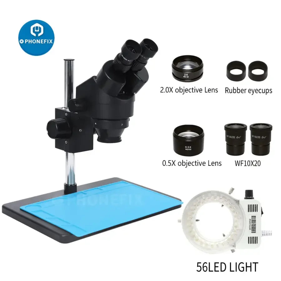 PHONEFIX 3.5X-90X binocular stereo microscope with 56 adjustable LED lights, ideal for detailed electronic and biological inspections.