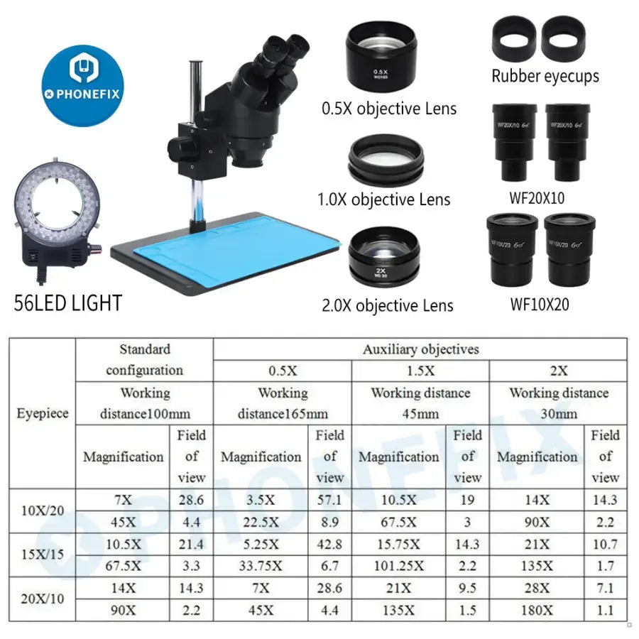 PHONEFIX 3.5X-90X Binocular Stereo Microscope with 56 adjustable LED lights, ideal for detailed viewing and inspection.
