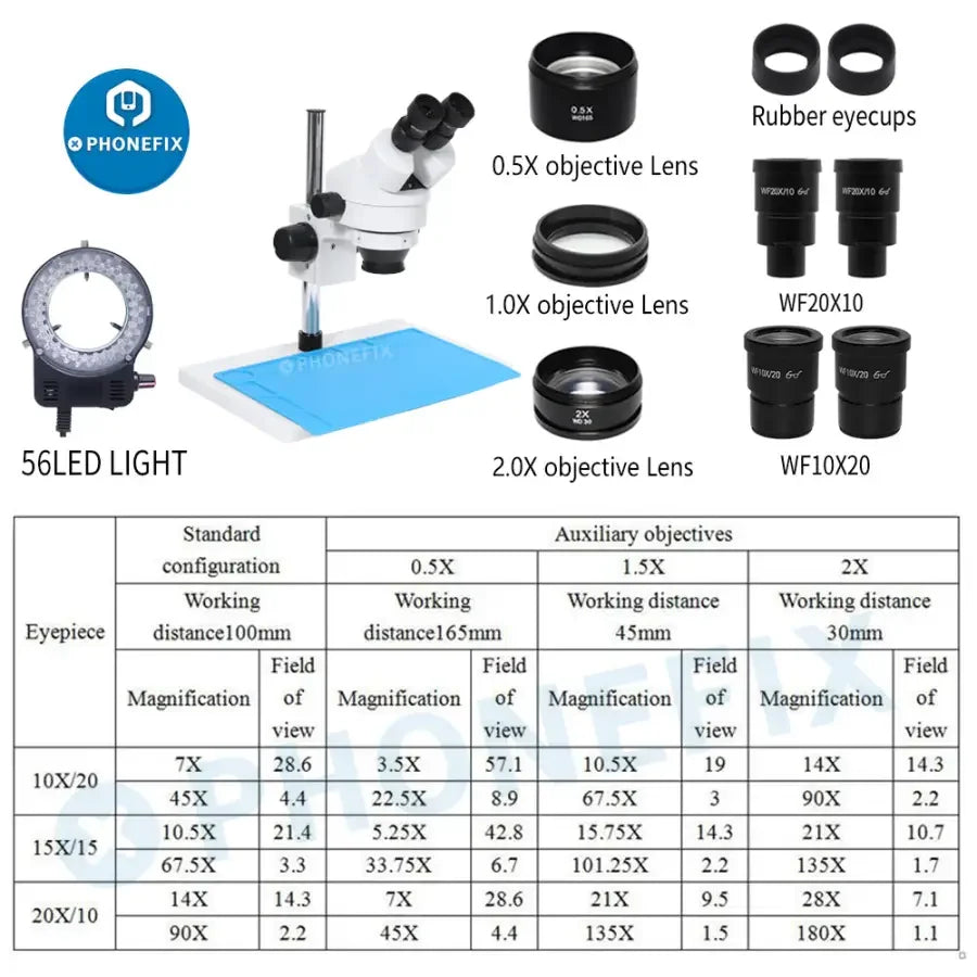 PhoneFix 3.5x-90x binocular stereo microscope with 56 adjustable LED lights, ideal for detailed viewing and educational use.