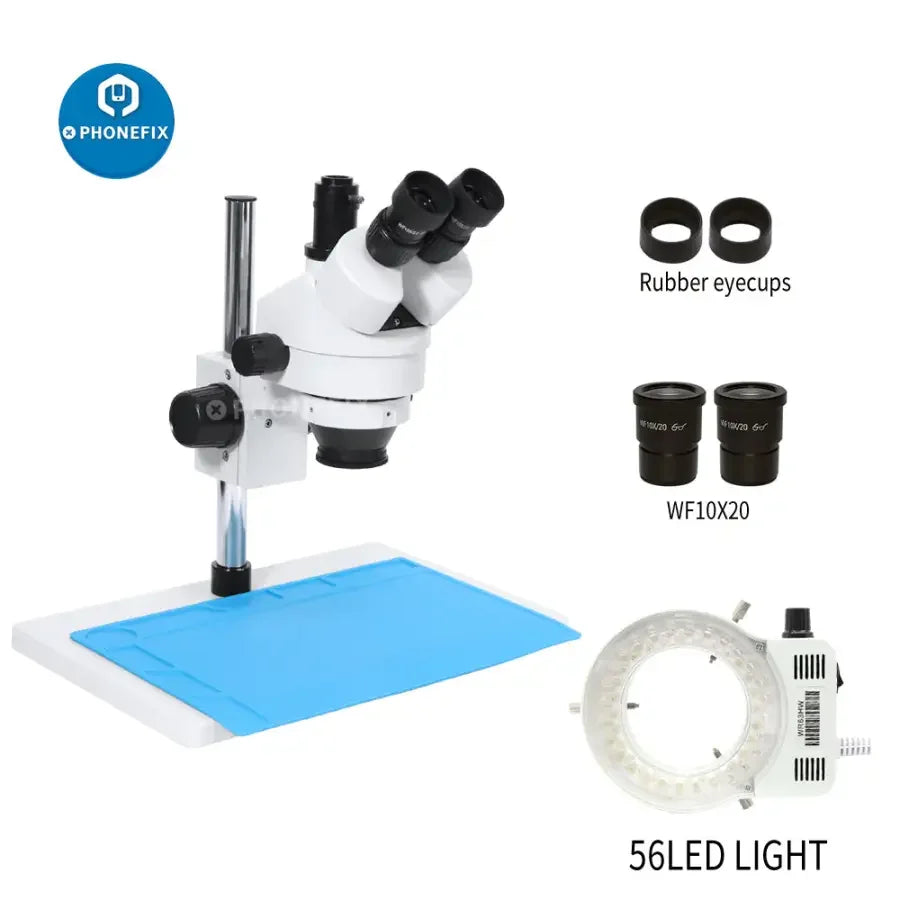 PhoneFix 7X-45X trinocular stereo zoom microscope on a table stand, used for PCB repair and detailed electronic inspections.