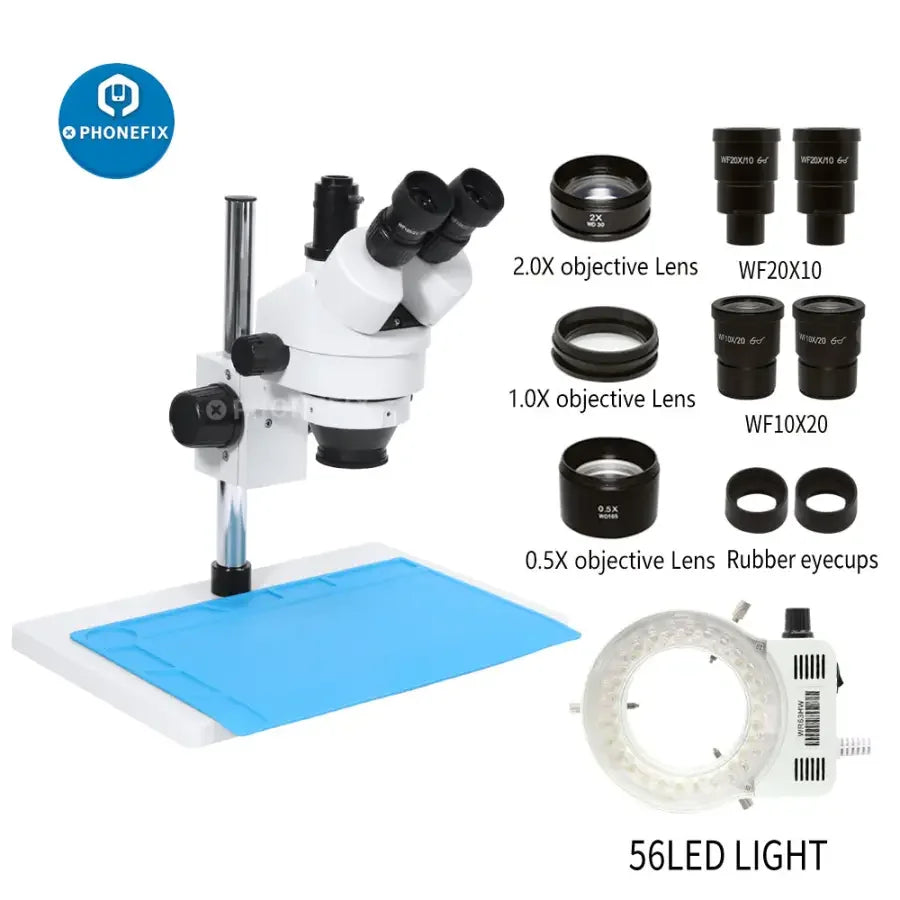 PhoneFix 7X-45X trinocular stereo zoom microscope on a large table stand for PCB repair, with black body and adjustable magnification.