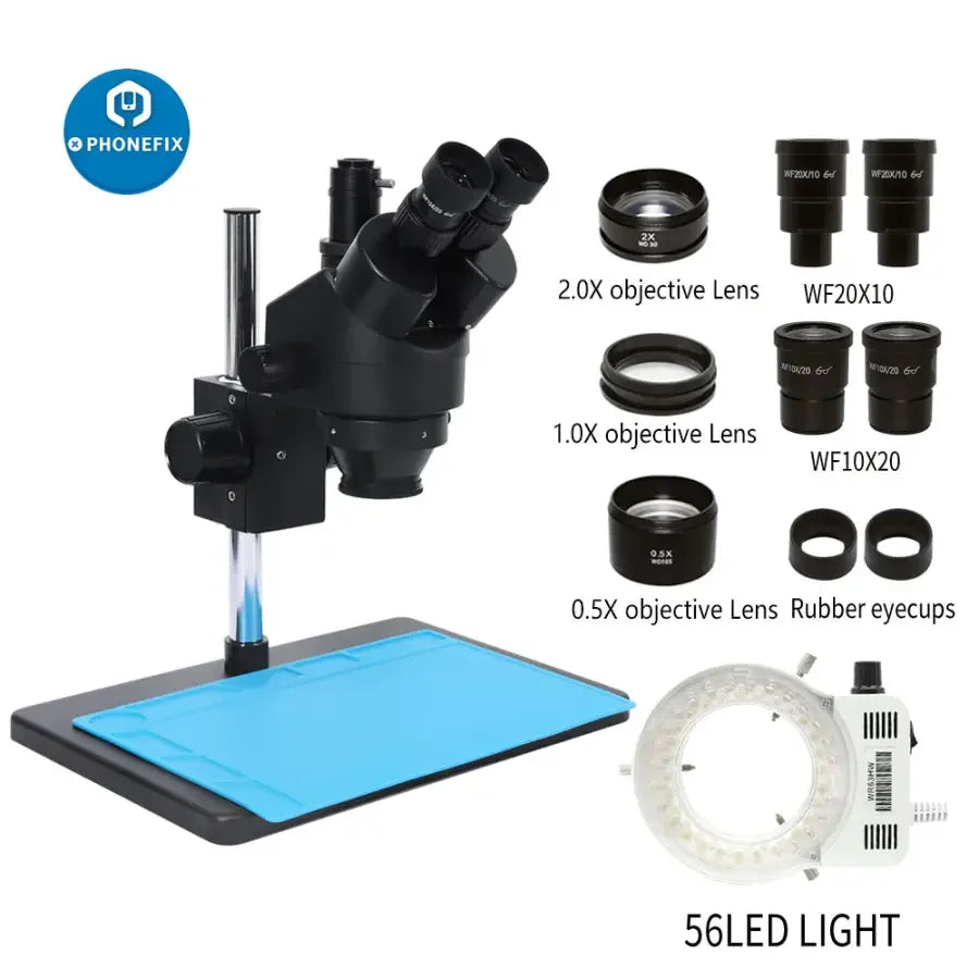 PhoneFix 7X-45X trinocular stereo zoom microscope on a large table stand, ideal for PCB repair and detailed electronic inspection.