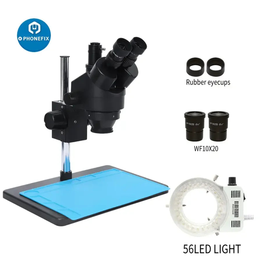 PhoneFix 7X-45X trinocular stereo zoom electric microscope with big table stand for PCB repair and detailed inspection.