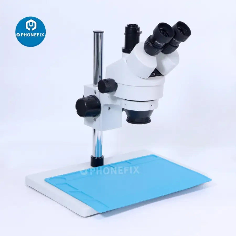 PhoneFix 7X-45X trinocular stereo zoom electric microscope with large table stand for detailed PCB repair inspection.