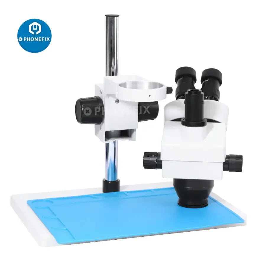 PhoneFix 7X-45X trinocular stereo zoom microscope on a table stand, used for PCB repair and detailed electronic inspections.