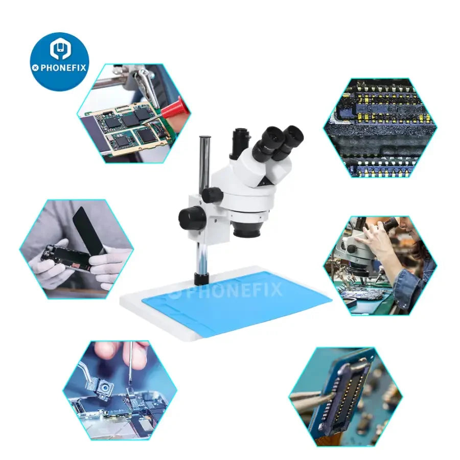 PhoneFix 7X-45X trinocular stereo zoom electric microscope on a large table stand for PCB repair and detailed electronic inspection.