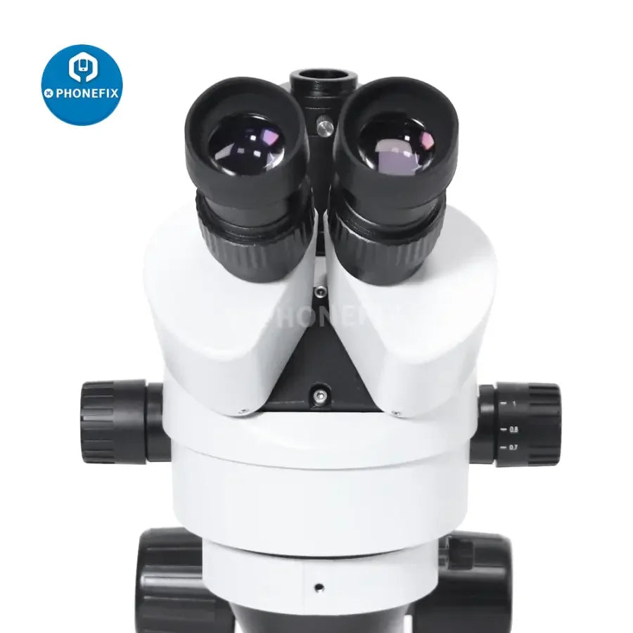 PhoneFix 7X-45X trinocular stereo zoom microscope with large table stand for PCB repair, electric microscope for detailed inspection.